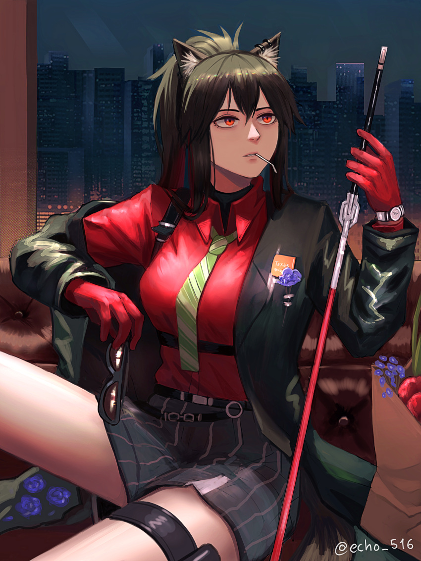 1girl absurdres animal_ear_fluff animal_ears arknights black_coat black_hair black_shorts breasts coat commentary cowboy_shot ear_piercing echo_(echo_516) english_commentary gloves green_neckwear highres holding holding_eyewear holding_sword holding_weapon indoors medium_breasts mouth_hold necktie official_alternate_costume open_clothes open_coat piercing red_eyes red_gloves red_shirt shirt shorts sitting solo sunglasses sword tail texas_(arknights) texas_(willpower)_(arknights) thigh_pouch twitter_username weapon wolf_ears wolf_girl wolf_tail