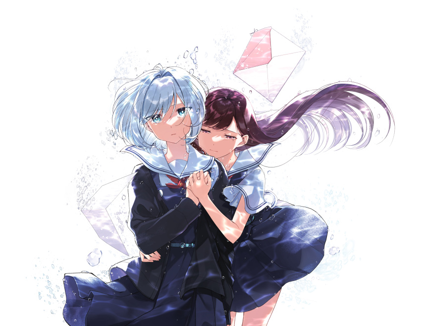 2girls air_bubble asaka_kaori belt black_jacket blue_dress blue_eyes brown_eyes brown_hair bubble caustics closed_mouth cowboy_shot dress hair_intakes hand_grab highres hoshikawa_shizuku hug hug_from_behind jacket kimi_to_tsuzuru_utakata letter long_hair long_sleeves looking_at_viewer mole mole_on_neck mole_under_eye multiple_girls paper parted_lips pinafore_dress red_neckwear sailor_collar shirt short_hair short_sleeves silver_hair tearing_up white_background white_shirt yuama_(drop) yuri