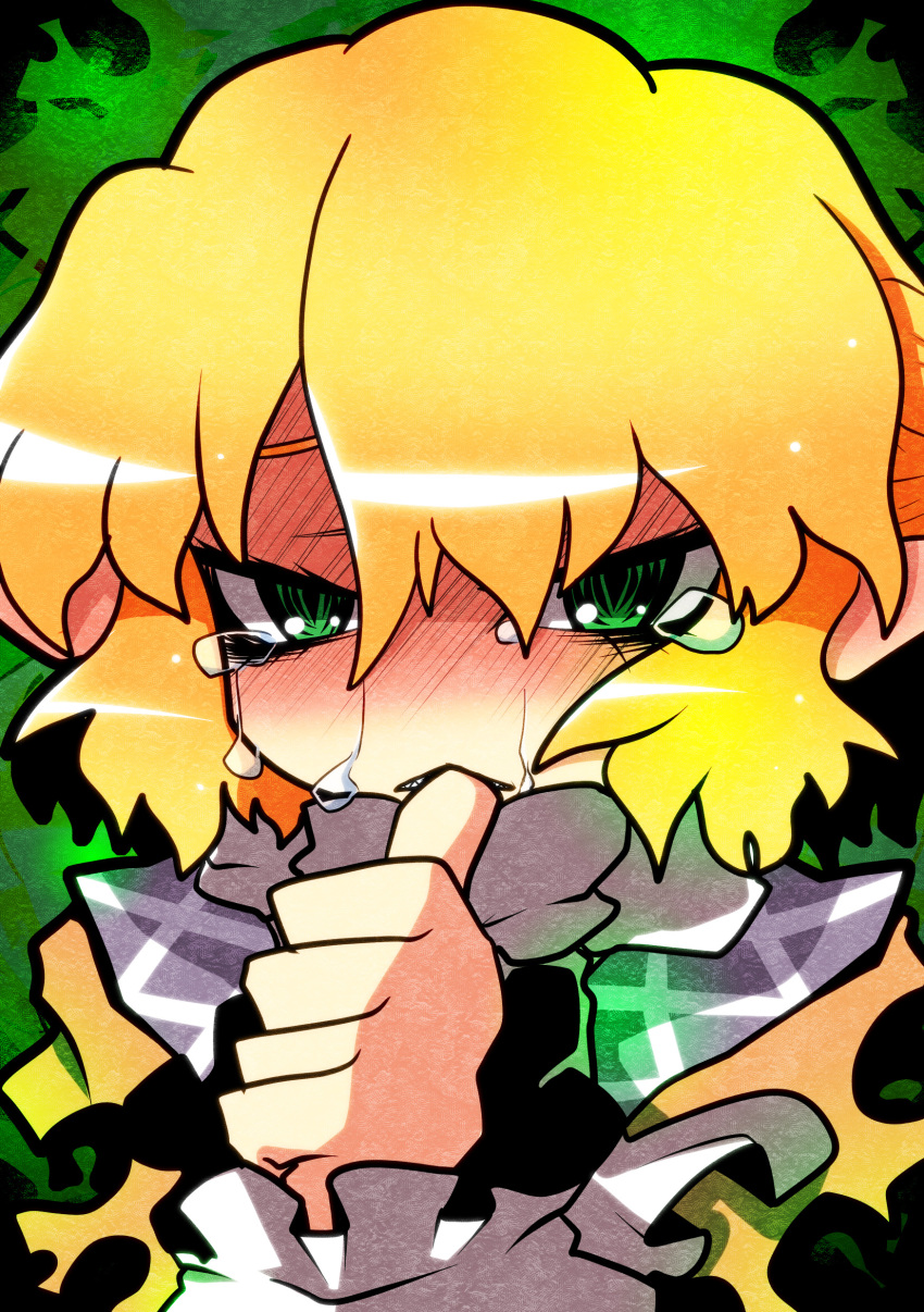 1girl 221_(tsutsuichi) absurdres arm_warmers bangs biting black_shirt blonde_hair brown_jacket commentary_request crying crying_with_eyes_open green_background green_eyes half_updo highres jacket looking_at_viewer mizuhashi_parsee multicolored multicolored_clothes multicolored_jacket pointy_ears scarf shirt short_hair solo tears thumb_biting touhou upper_body white_scarf