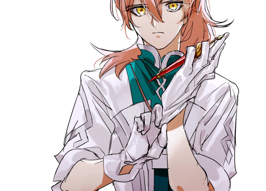 1boy adjusting_clothes adjusting_gloves alternate_eye_color chaldea_uniform expressionless fate/grand_order fate_(series) glove_pull gloves hair_between_eyes han12sara highres labcoat looking_at_viewer male_focus orange_hair romani_archaman simple_background solo spoilers white_background white_gloves yellow_eyes