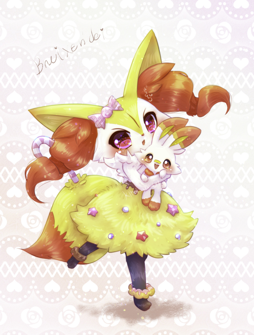 absurdres blush braixen candy candy_cane character_name commentary_request food gigii2810 highres holding holding_pokemon leg_up looking_at_viewer open_mouth pokemon pokemon_(creature) scorbunny smile standing standing_on_one_leg violet_eyes