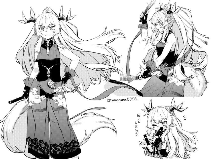 1girl absurdres arknights commentary_request dress fingerless_gloves gloves greyscale highres holding holding_nunchaku horns infection_monitor_(arknights) leizi_(arknights) long_hair looking_at_viewer monochrome multiple_views nunchaku one_eye_closed pointy_ears ponytail qilin_(mythology) see-through_dress sheer_clothes sleeveless sleeveless_dress tail thick_eyebrows translation_request twitter_username v-shaped_eyebrows very_long_hair weapon wristband yom