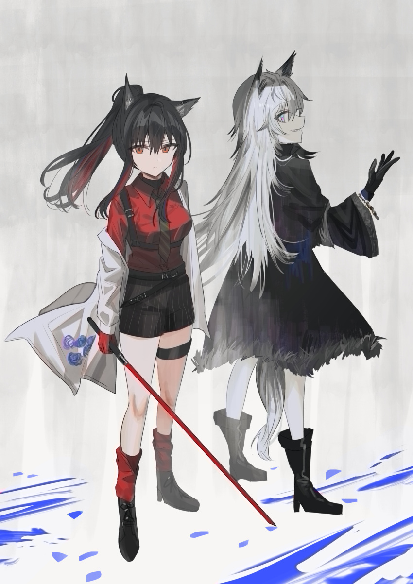 2girls absurdres animal_ear_fluff animal_ears arknights bangs black_footwear black_gloves black_hair black_jacket black_shorts boots breasts brown_eyes chihuri closed_mouth collared_shirt commentary_request eyebrows_visible_through_hair fur-trimmed_jacket fur_trim gloves grey_eyes grey_hair grin hair_between_eyes high_heel_boots high_heels highres holding jacket lappland_(arknights) long_hair long_sleeves multicolored_hair multiple_girls off_shoulder open_clothes open_jacket ponytail red_gloves red_legwear red_shirt redhead sharp_teeth shirt short_shorts shorts small_breasts smile socks standing striped tail teeth texas_(arknights) two-tone_hair vertical-striped_shorts vertical_stripes very_long_hair white_jacket wide_sleeves