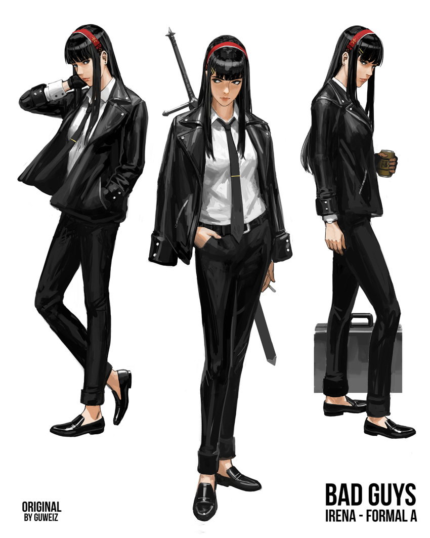 1girl bangs black_eyes black_hair briefcase can diadem full_body gloves guweiz highres jacket leather leather_jacket long_hair necktie original simple_background sword weapon white_background