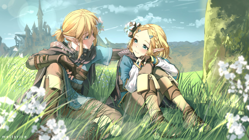 1boy 1girl absurdres blonde_hair blue_eyes blue_sky blurry boots braid brown_gloves brown_pants castle clouds cloudy_sky commentary depth_of_field earrings elbow_gloves elf english_commentary eyebrows_visible_through_hair flower gloves grass hair_between_eyes hair_flower hair_ornament hairclip highres jewelry knee_boots link long_hair long_sleeves looking_at_another meltyrice music pants pointy_ears ponytail princess_zelda short_hair short_ponytail short_sleeves sidelocks silent_princess singing sitting sky skyline smile the_legend_of_zelda the_legend_of_zelda:_breath_of_the_wild the_legend_of_zelda:_breath_of_the_wild_2 wind