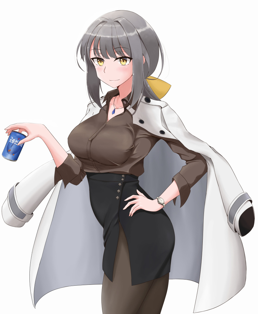 1girl absurdres black_skirt black_survival bow breasts brown_shirt can dr._nadja grey_hair hair_bow handgebrauch highres labcoat large_breasts medium_hair pencil_skirt shirt simple_background skirt soda_can solo tagme white_background yellow_eyes