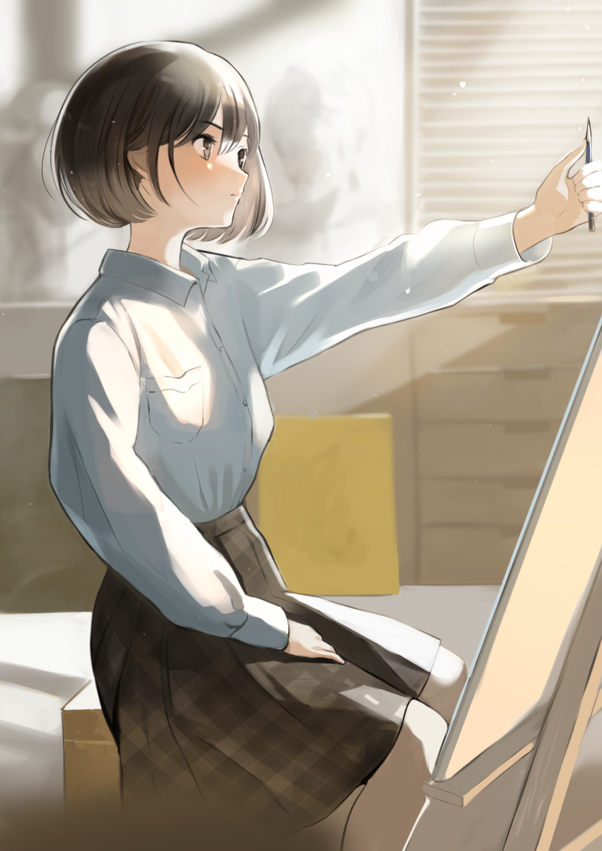 1girl bangs blinds blush bob_cut brown_eyes brown_hair brown_skirt cabinet canvas_(object) classroom collared_shirt dress_shirt easel highres holding holding_pencil indoors long_sleeves morning original outstretched_arm parted_lips pencil plaid plaid_skirt school_uniform shirt short_hair sitting skirt solo sunlight tasuku_(otomebotan) white_shirt