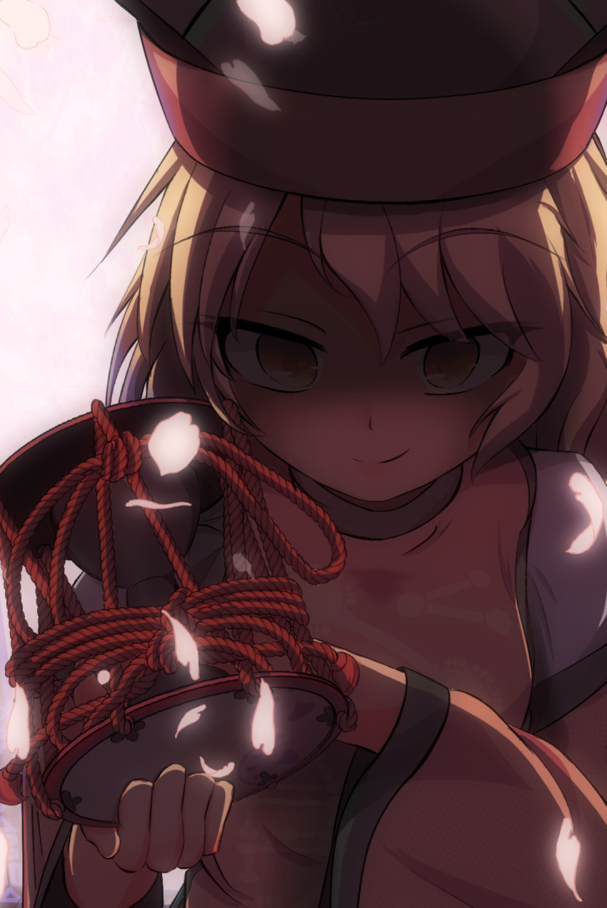 1girl backlighting bangs blonde_hair closed_mouth drum eyebrows_visible_through_hair hair_between_eyes hansode32 highres instrument long_hair looking_at_viewer matara_okina smile solo touhou tsuzumi