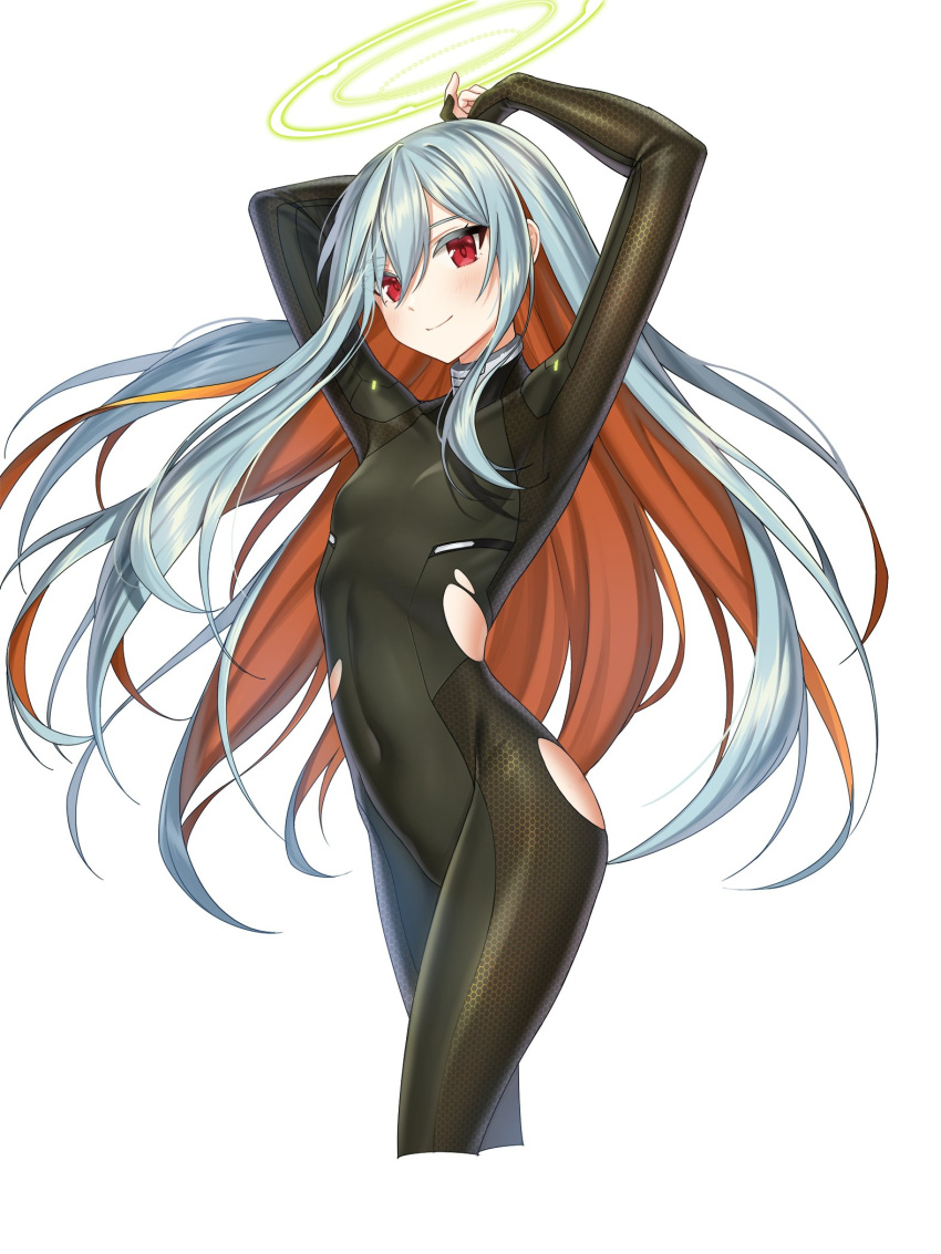1girl 2qba arms_up bodysuit breasts counter_side covered_navel halo highres long_hair multicolored_hair orange_hair red_eyes sigma_(counter_side) silver_hair skin_tight small_breasts solo torn_clothes white_background
