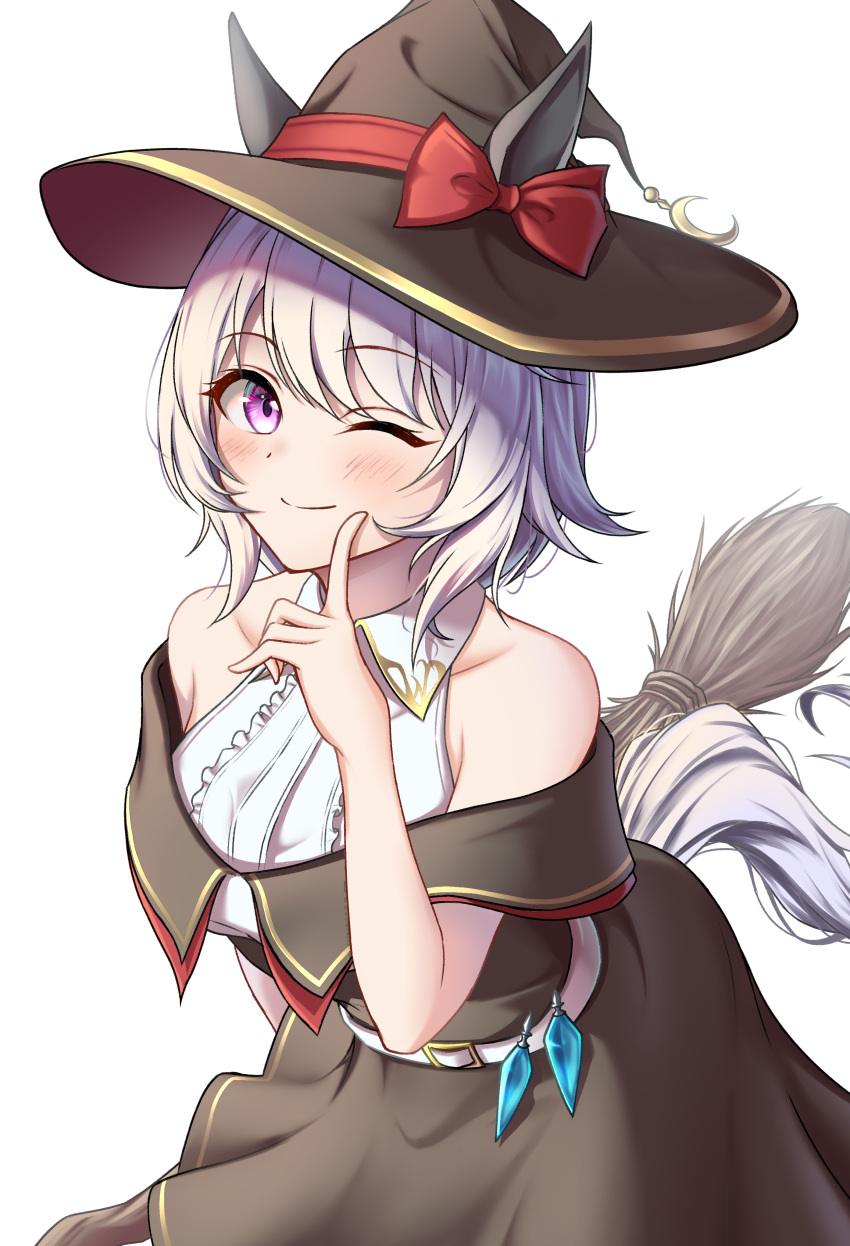 1girl absurdres animal_ears bare_shoulders black_headwear blush bow breasts broom closed_mouth collarbone curren_chan_(umamusume) eyebrows_visible_through_hair fran_690 halloween hat hat_bow hat_ribbon highres horse_ears horse_girl horse_tail large_breasts looking_at_viewer one_eye_closed red_bow red_ribbon ribbon short_hair silver_hair smile solo tail umamusume violet_eyes witch_hat