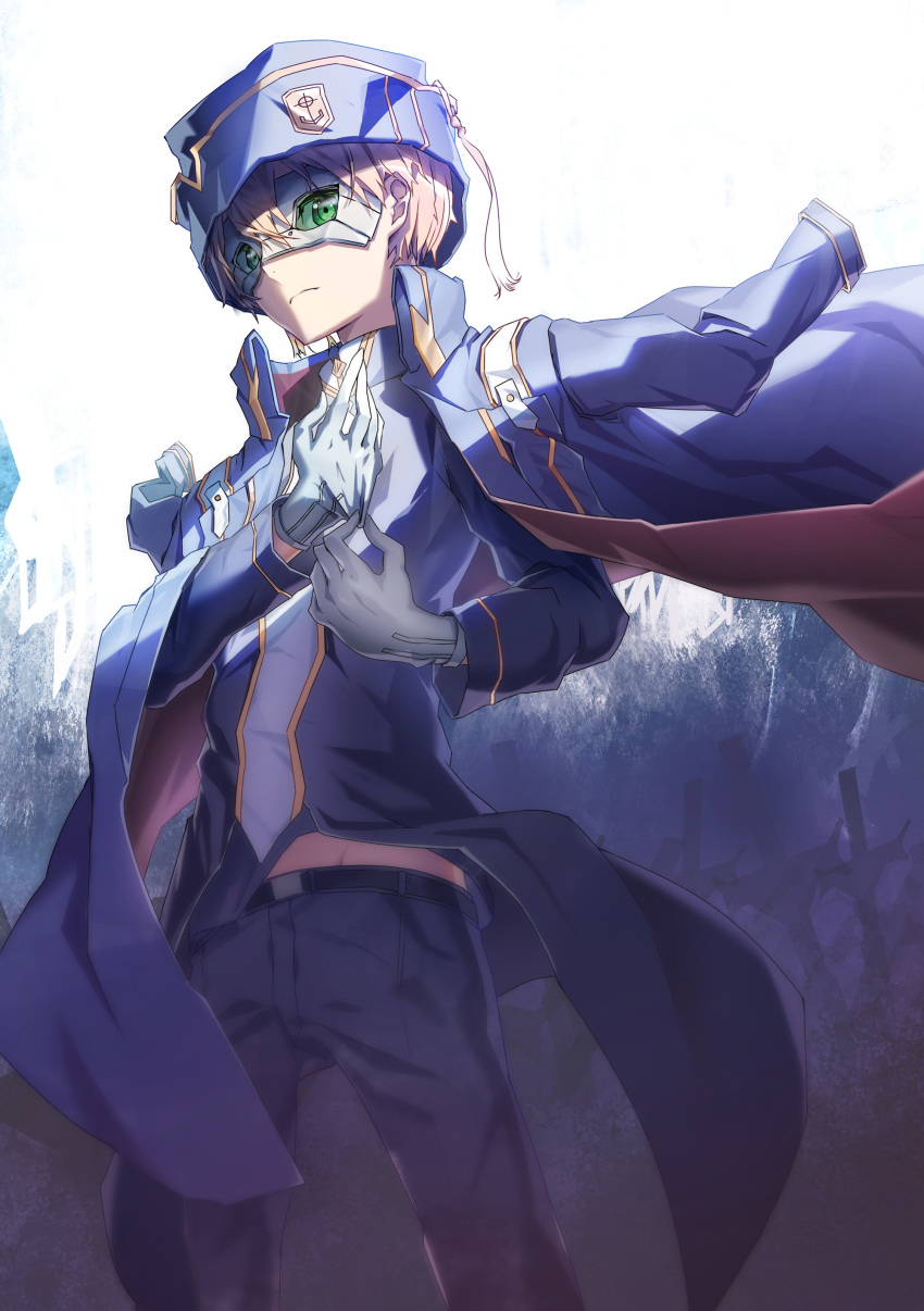 1boy absurdres adjusting_clothes adjusting_gloves bangs belt blonde_hair blue_background blue_belt blue_jacket blue_pants eugeo eye_mask from_below gloves green_eyes highres jacket jacket_on_shoulders long_sleeves male_focus open_clothes open_jacket pants satsuki_(satsuki_art) shirt solo sword_art_online vest white_background white_gloves white_shirt