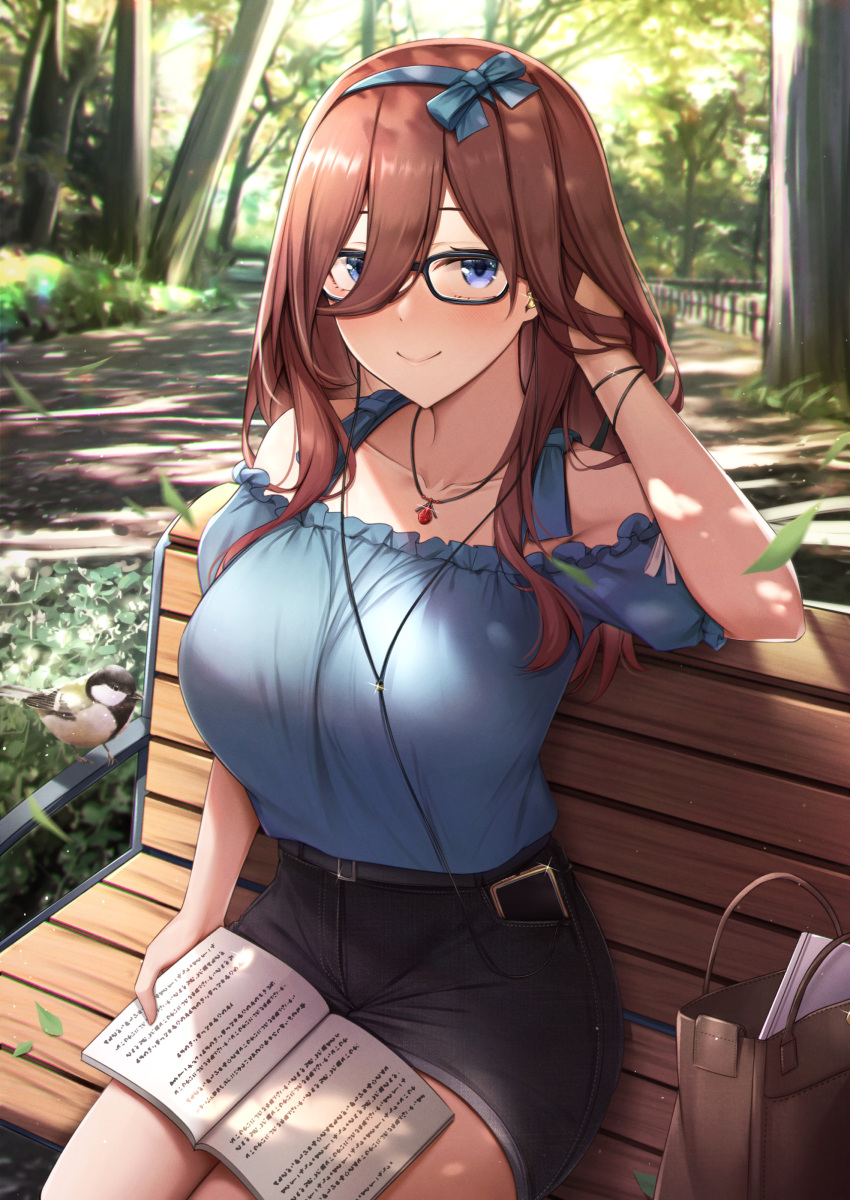 1girl absurdres bag bangs belt bench bird blouse blue_blouse blue_eyes blush book bow bracelet breasts brown_hair cellphone closed_mouth denim denim_shorts earphones frills glasses go-toubun_no_hanayome hair_between_eyes hair_bow hand_in_hair handbag highres jewelry large_breasts leaf long_hair nakano_miku necklace outdoors paintcan park park_bench phone shorts sitting smartphone smile solo sparrow straight_hair thighs trail tree