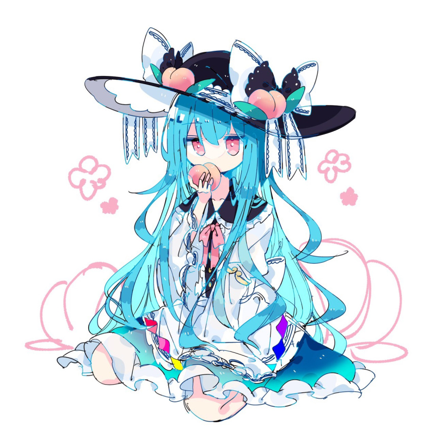 1girl apron bangs black_headwear blue_hair blue_skirt bow commentary eating flower food frilled_shirt_collar frilled_sleeves frills fruit full_body hat hat_bow hat_leaf highres hinanawi_tenshi holding holding_food holding_fruit jitome lace-trimmed_bow lace_trim long_hair long_sleeves one-hour_drawing_challenge peach pink_eyes rainbow_order roamu_65 shirt sidelocks sitting skirt solo symbol-only_commentary touhou very_long_hair white_apron white_bow white_shirt wide_sleeves