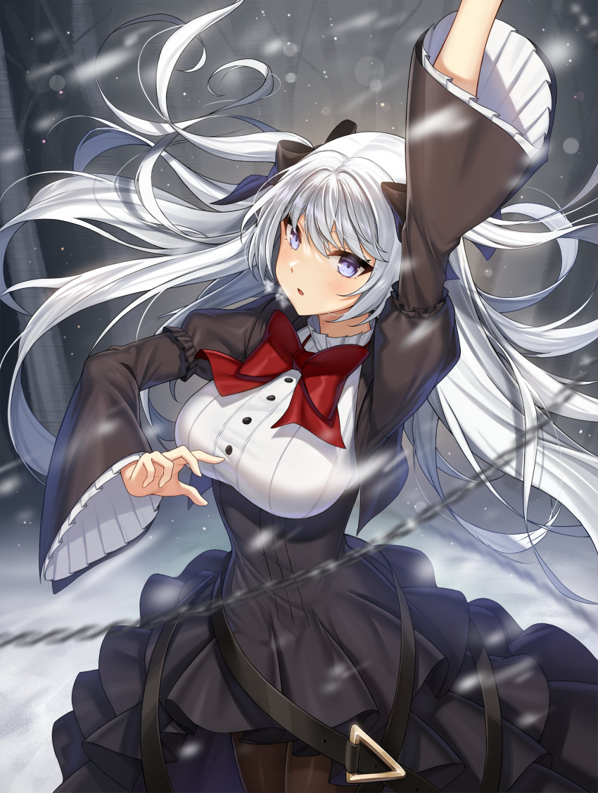 1girl 2qba :o absurdres arm_up bow bowtie breasts buttons chain counter_side hair_ornament highres lens_flare long_hair long_sleeves looking_at_viewer pantyhose regina_maccready solo white_hair
