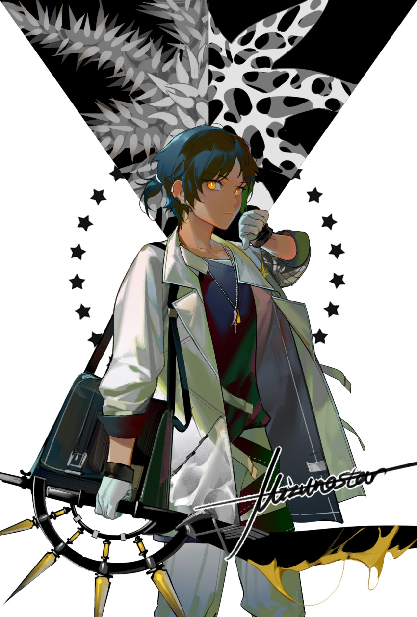 1boy arknights bag black_hair black_shirt cowboy_shot dark-skinned_male dark_skin earrings gloves hand_up highres holding_hands jacket jewelry looking_at_viewer male_focus mizuno_star necklace open_clothes open_jacket shirt short_hair short_ponytail shoulder_bag signature sleeve_cuffs solo sword thorns thorns_(arknights) weapon white_background white_gloves white_jacket yellow_eyes