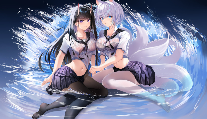 2girls absurdres alternate_costume animal_ears arm_behind_back arms_behind_back asymmetrical_docking azur_lane black_bra black_hair black_neckwear blue_eyes blue_skirt blush bra breast_press breasts clothes_lift crop_top expressionless fox_ears fox_girl fox_tail frilled_bra frills full_body hair_between_horns hand_up highres horns in_water kaga_(azur_lane) kitsune large_breasts leaning_forward leaning_to_the_side legs legs_folded long_hair looking_at_viewer medium_breasts medium_hair midriff miniskirt multiple_girls multiple_tails navel neckerchief noshiro_(azur_lane) oni oni_horns pantyhose partially_submerged pleated_skirt sailor_collar see-through shirt shirt_lift silver_hair sitting skirt smile tail thighs underwear very_long_hair violet_eyes wet wet_clothes wet_legwear wet_shirt wet_skirt wet_tail white_hair white_legwear white_shirt xi_ying