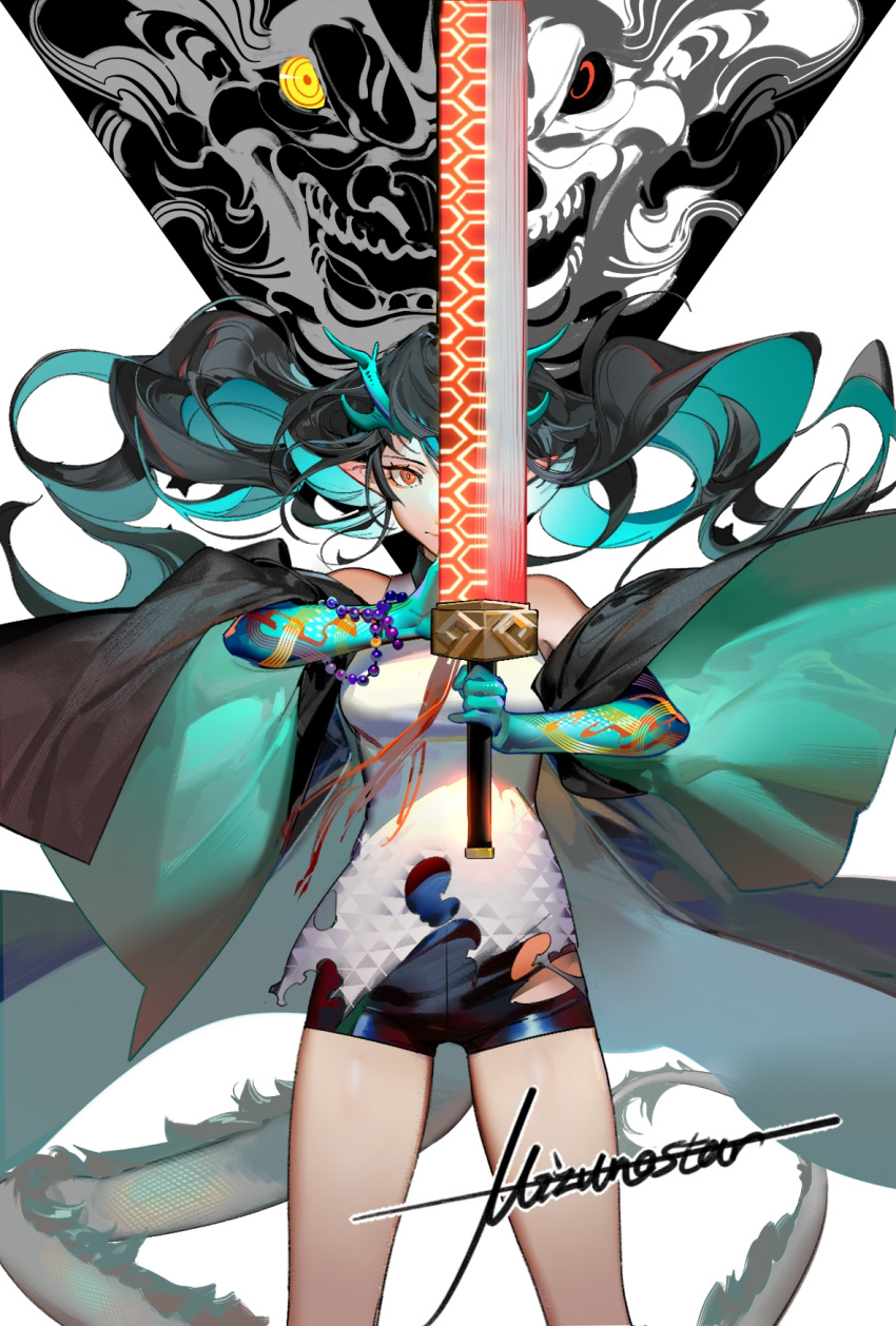 1girl arknights black_collar black_hair china_dress chinese_clothes cleavage_cutout clothing_cutout collar colored_skin commentary_request dragon_girl dragon_horns dragon_tail dress dusk_(arknights) ear_piercing feet_out_of_frame floating_hair green_skin hair_over_one_eye highres holding holding_sword holding_weapon horns long_hair looking_at_viewer mizuno_star necktie piercing pointy_ears red_eyes red_neckwear solo standing sword tail very_long_hair weapon white_background white_dress