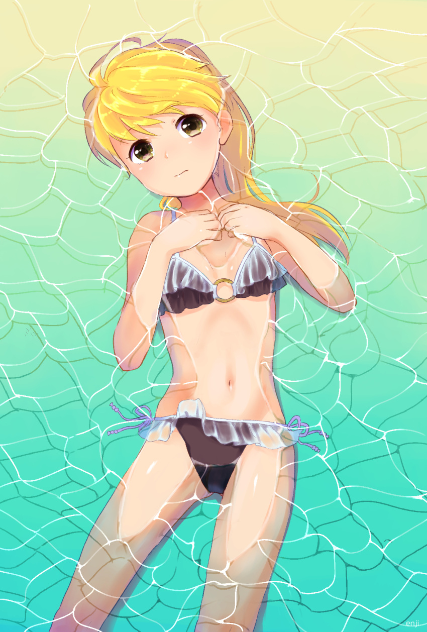 1girl ahoge bangs bikini blonde_hair brown_bikini brown_eyes closed_mouth commentary_request enjienjin frilled_swimsuit frills from_above highres long_hair looking_at_viewer lying navel on_back own_hands_together partially_submerged pokemon pokemon_adventures side-tie_bikini solo swimsuit water yellow_(pokemon)