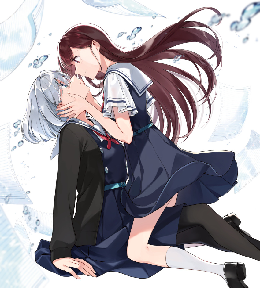 2girls air_bubble asaka_kaori belt black_footwear black_jacket black_legwear blue_dress blue_eyes blush brown_eyes brown_hair bubble buttons crying crying_with_eyes_open double-breasted dress eye_contact feet_out_of_frame hands_on_another's_face highres hoshikawa_shizuku jacket kimi_to_tsuzuru_utakata kneeling loafers long_hair long_sleeves looking_at_another looking_down looking_up mole mole_on_neck mole_under_eye multiple_girls paper parted_lips pinafore_dress pleated_dress red_neckwear sailor_collar shirt shoes short_hair short_sleeves silver_hair sitting smile tears white_background white_shirt yuama_(drop) yuri