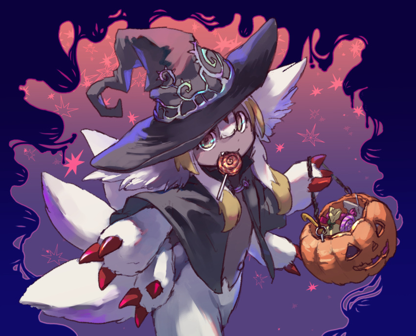 1girl aura basket black_cape black_headwear black_skin blue_background candy cape claws colored_skin cowboy_shot extra_arms fang faputa fewer_digits food food_in_mouth gradient gradient_background hair_between_eyes halloween halloween_bucket hat highres holding holding_basket jack-o'-lantern lollipop looking_at_viewer made_in_abyss monster_girl multicolored_hair multiple_tails outie_navel outstretched_arms sidelocks solo swirl_lollipop tail taira_(zattairattt) white_fur white_hair witch_hat yellow_eyes