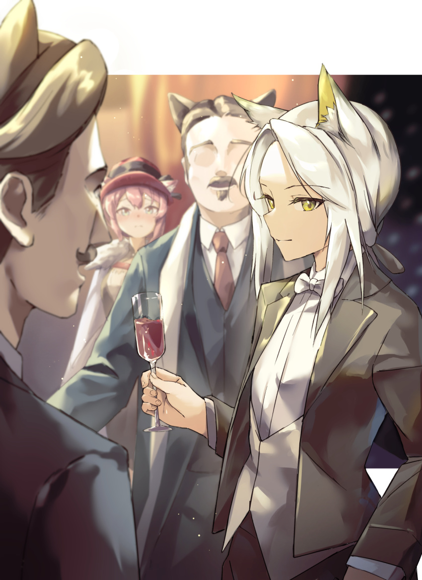 2boys 2girls animal_ears arknights black_jacket blurry blush bokeh bow bowtie cat_ears collared_shirt commentary cup depth_of_field dress_jacket dress_shirt driftingtiger drinking_glass english_commentary formal green_eyes heidi_(arknights) highres holding holding_cup jacket kal'tsit_(arknights) long_sleeves multiple_boys multiple_girls no_eyes open_clothes open_jacket pink_hair shirt short_hair sidelocks tuxedo upper_body white_bow white_hair white_neckwear white_shirt wine_glass