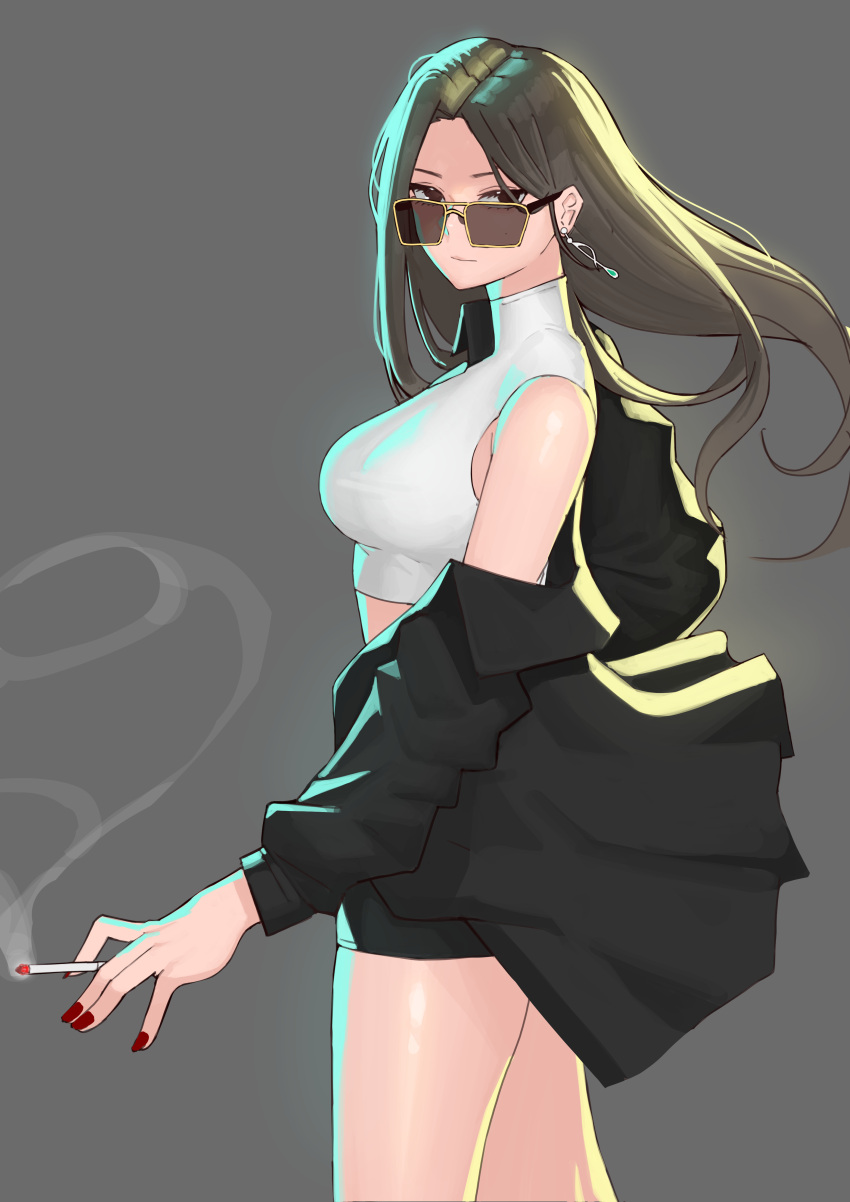 1girl absurdres black_jacket black_skirt breasts brown_eyes character_request cigarette closed_mouth commentary cropped_shirt dungeon_and_fighter earrings english_commentary fingernails floating_hair from_side grey_background grey_hair highres holding holding_cigarette jacket jewelry large_breasts long_hair looking_at_viewer looking_over_eyewear miniskirt nail_polish open_clothes open_jacket red_nails rktlek159 shirt simple_background skirt sleeveless sleeveless_shirt smoke solo standing sunglasses white_shirt