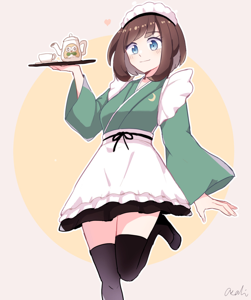 1girl alternate_costume apron bangs black_legwear blue_eyes blush brown_hair character_print closed_mouth cup eyelashes hand_up heart highres holding holding_tray long_sleeves medium_hair pokemon pokemon_(game) pokemon_sm rowlet saucer selene_(pokemon) shoes signature smile solo teacup teapot tere_asahi thigh-highs tray waist_apron white_apron