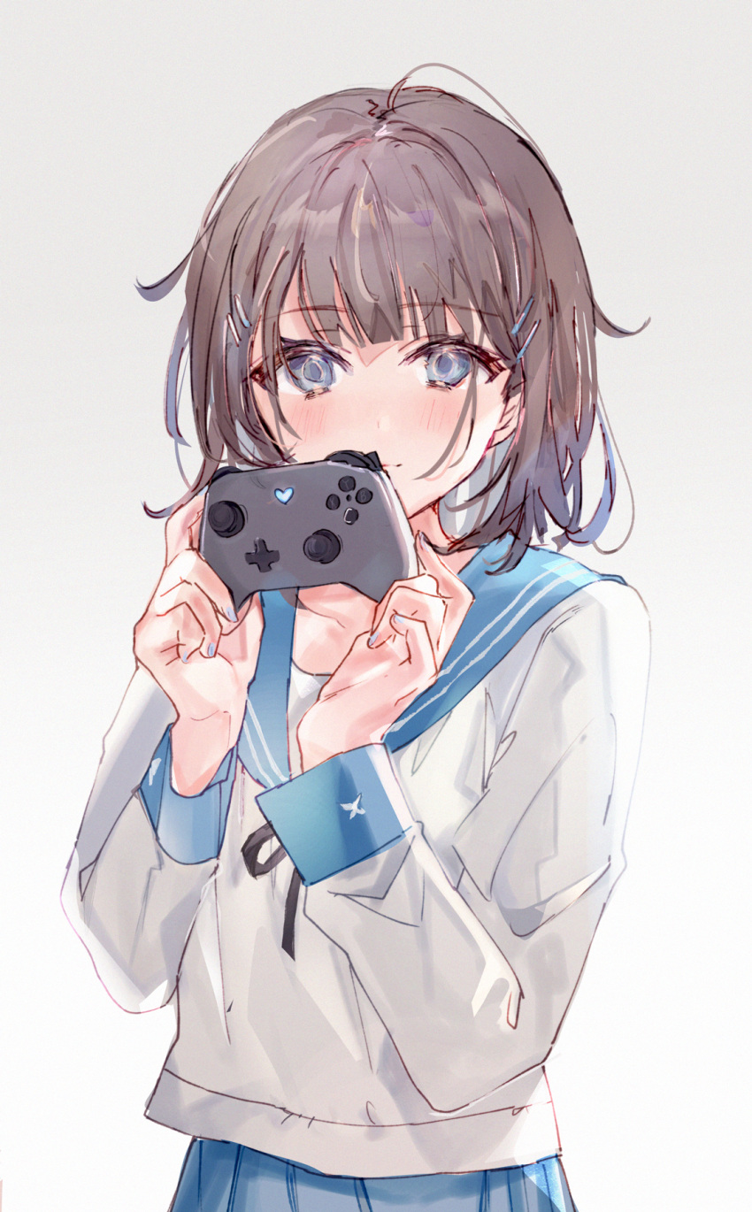 1girl bangs blue_eyes blue_nails blue_sailor_collar blue_skirt blush brown_hair closed_mouth commentary_request controller eyebrows_visible_through_hair game_controller hair_ornament hairclip hands_up highres holding holding_controller holding_game_controller long_sleeves looking_at_viewer medium_hair nail_polish original sailor_collar school_uniform serafuku shia_job shirt simple_background skirt solo upper_body white_background white_shirt