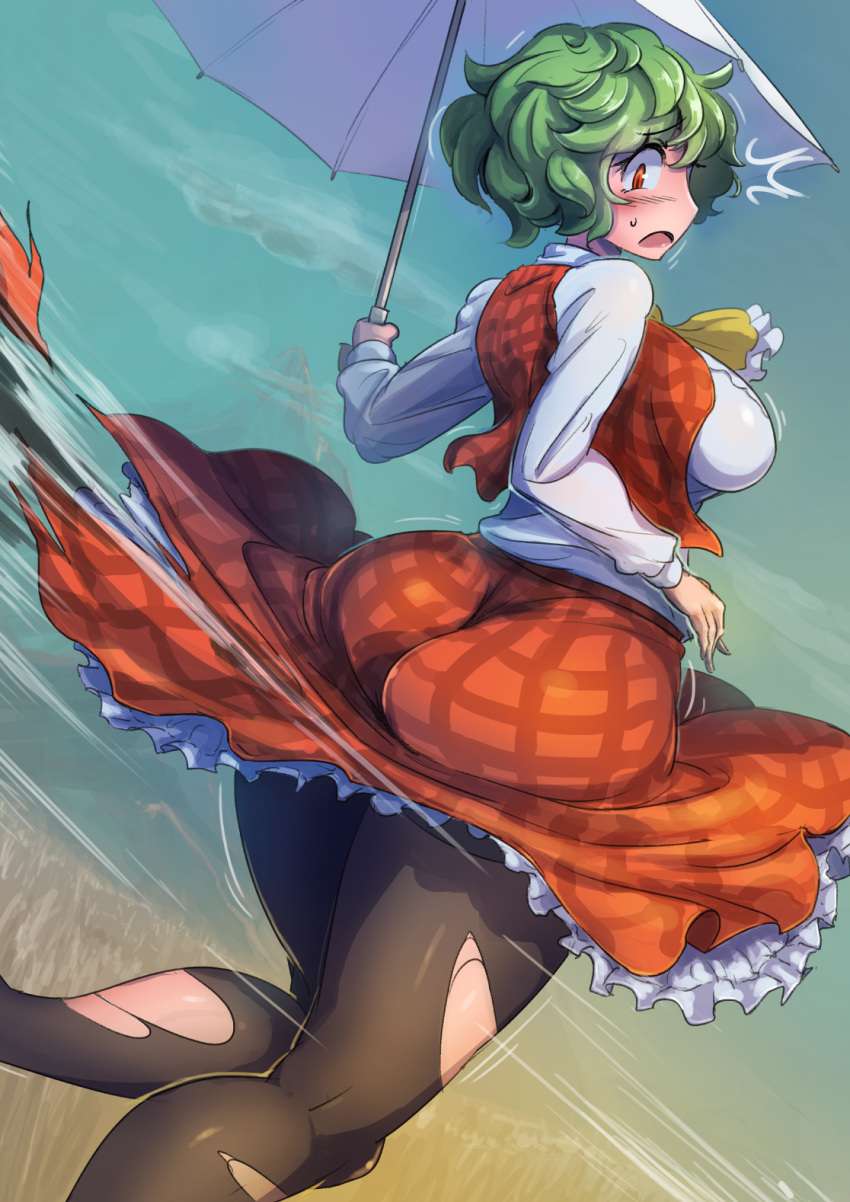 1girl ascot ass black_legwear blush breasts commentary_request enajii frilled_skirt frills green_hair highres holding holding_umbrella kazami_yuuka kneepits large_breasts long_sleeves looking_back motion_lines open_mouth parasol plaid plaid_skirt plaid_vest red_eyes short_hair skirt solo standing surprised sweatdrop torn_clothes torn_legwear torn_skirt touhou umbrella vest yellow_neckwear