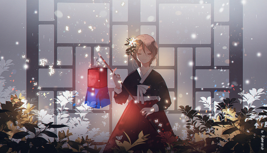 1girl artist_name bangs black_kimono brown_hair bug butterfly closed_eyes closed_mouth collarbone commentary facing_viewer flower glowing hair_between_eyes hair_flower hair_ornament hakama hakama_skirt hand_up highres holding holding_stick japanese_clothes kimono lantern leaf long_hair long_sleeves original paper_lantern plant red_hakama red_skirt reinforced ribbon skirt stick upper_body white_flower white_ribbon