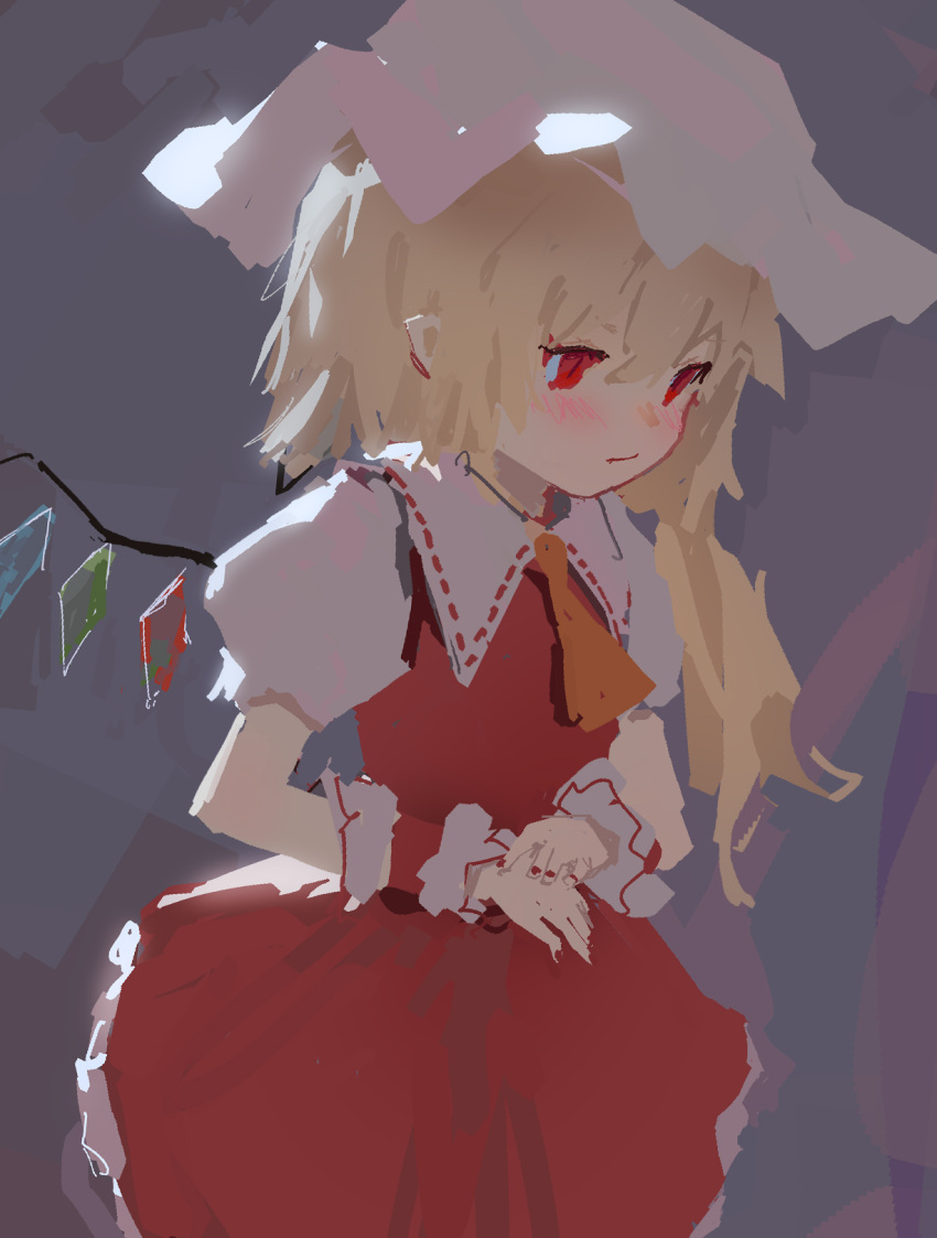 1girl 3: ascot backlighting bangs blonde_hair blush closed_mouth cowboy_shot flandre_scarlet frills from_side grey_background hair_between_eyes hands_up hat highres long_hair looking_away mob_cap nail_polish orange_neckwear own_hands_together petticoat pointy_ears puffy_short_sleeves puffy_sleeves red_eyes red_skirt red_vest reddizen ribbon-trimmed_collar ribbon_trim short_sleeves side_ponytail skirt skirt_set slit_pupils solo touhou vest white_headwear wing_collar wrist_cuffs