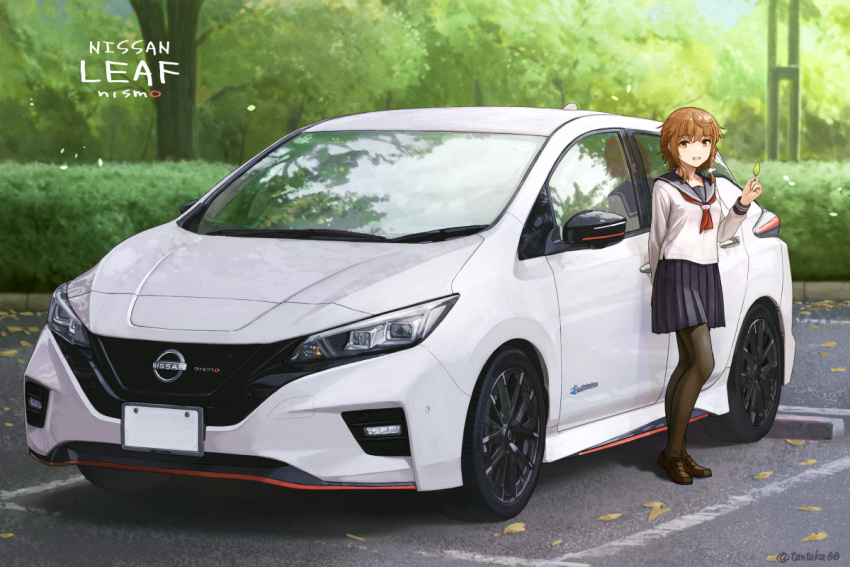 1girl bangs black_legwear black_sailor_collar black_skirt brown_eyes brown_footwear brown_hair car commentary_request day eyebrows_visible_through_hair grin ground_vehicle holding holding_leaf leaf loafers looking_at_viewer motor_vehicle nissan original outdoors pantyhose pleated_skirt red_neckwear sailor_collar school_uniform serafuku shirt shoes skirt smile solo standing tantaka tree vehicle_request white_shirt