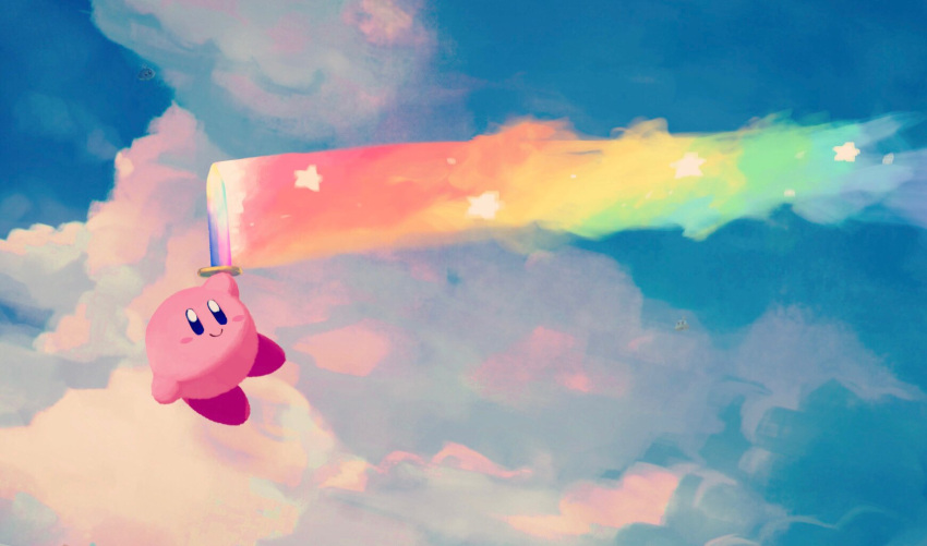 blue_sky blush_stickers clouds flying highres kirby kirby's_dream_land_3 kirby_(series) rainbow rainbow_sword sky smile star_(symbol) suyasuyabi ufo