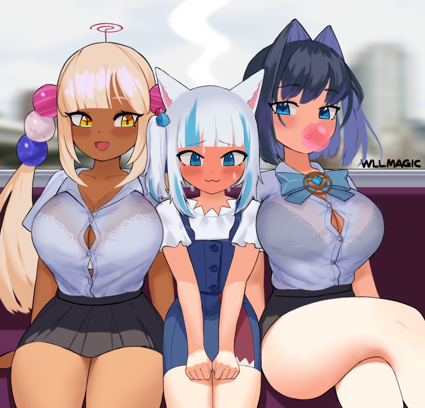 3girls :3 animal_ears bangs black_skirt blonde_hair blue_dress blue_eyes blue_hair blush bra bra_through_clothes breasts bubble_blowing button_gap cat_ears chewing_gum collared_shirt dress dress_shirt eyebrows_visible_through_hair flat_chest full-face_blush gawr_gura girl_sandwich hair_intakes highres hololive hololive_english lace-trimmed_bra lace_trim large_breasts long_hair multicolored_hair multiple_girls ouro_kronii ribbon sandwiched see-through see-through_shirt shirt side_ponytail silver_hair skirt smile streaked_hair tsukumo_sana twintails underwear virtual_youtuber wllmagic yellow_eyes