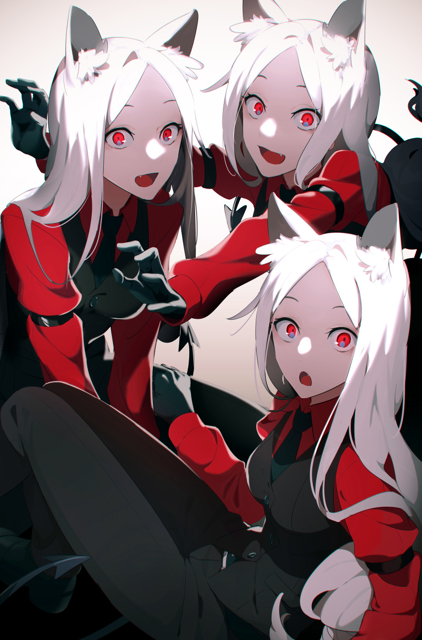 3girls :d :o absurdres animal_ear_fluff animal_ears arm_garter arm_strap black_gloves black_neckwear black_pants black_vest breasts cerberus_(helltaker) collared_shirt commentary demon_tail dog_ears fang gloves helltaker highres knees_up long_hair long_sleeves looking_at_viewer medium_breasts multiple_girls necktie open_mouth outstretched_arms pants pouncing red_eyes red_shirt revision shirt sitting smile tail triplets vest waistcoat wakahiko white_background white_hair wide-eyed