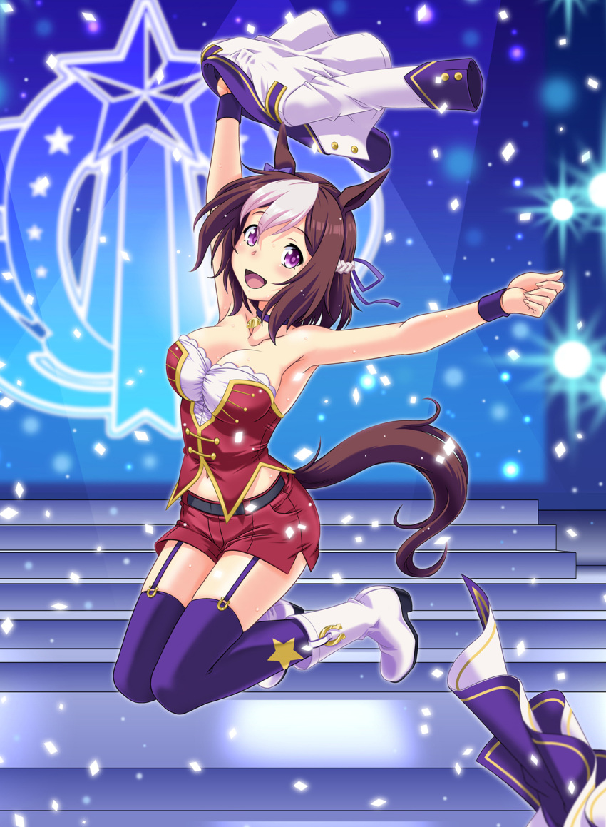 1girl animal_ears armpits belt bodice boots bow braid brown_hair collarbone commentary common_race_outfit_(umamusume) concert french_braid garter_straps highres horse_ears horse_girl horse_tail horseshoe_ornament jacket jacket_removed knee_boots looking_at_viewer midriff multicolored_hair navel pendant_choker purple_bow purple_legwear red_shorts short_hair shorts skirt skirt_removed solo special_week_(umamusume) star_(symbol) star_print tail thigh-highs two-tone_hair umajiri_gyuunyuu umamusume white_footwear white_hair