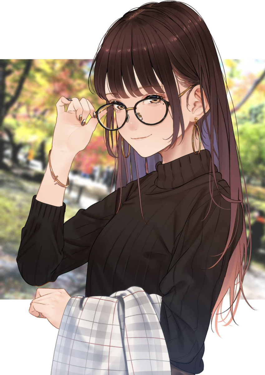 1girl adjusting_eyewear bangs black-framed_eyewear black_sweater blurry blurry_background blush brown_eyes brown_hair closed_mouth glasses hand_up highres holding holding_clothes long_hair long_sleeves looking_at_viewer mole mole_under_eye original outdoors saitou_(lynx-shrike) smile solo sweater tree turtleneck turtleneck_sweater