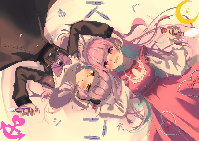 2girls absurdres alternate_costume blush boxcutter colored_inner_hair commentary_request dress dutch_angle highres holding holding_boxcutter holding_knife hololive knife looking_at_viewer minato_aqua multicolored_hair multiple_girls murasaki_shion purple_hair silver_hair syringe virtual_youtuber yoruillust