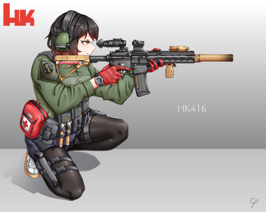 1girl ammunition_pouch assault_rifle black_shorts ceramic_plate closed_mouth earmuffs first_aid_kit gloves green_jacket gun h&amp;k_hk416 highres holding holding_gun holding_weapon jacket kneeling leggings long_sleeves military military_uniform original pouch red_eyes red_gloves redhead rifle shoes shorts smile sneakers uniform vest watch weapon white_footwear