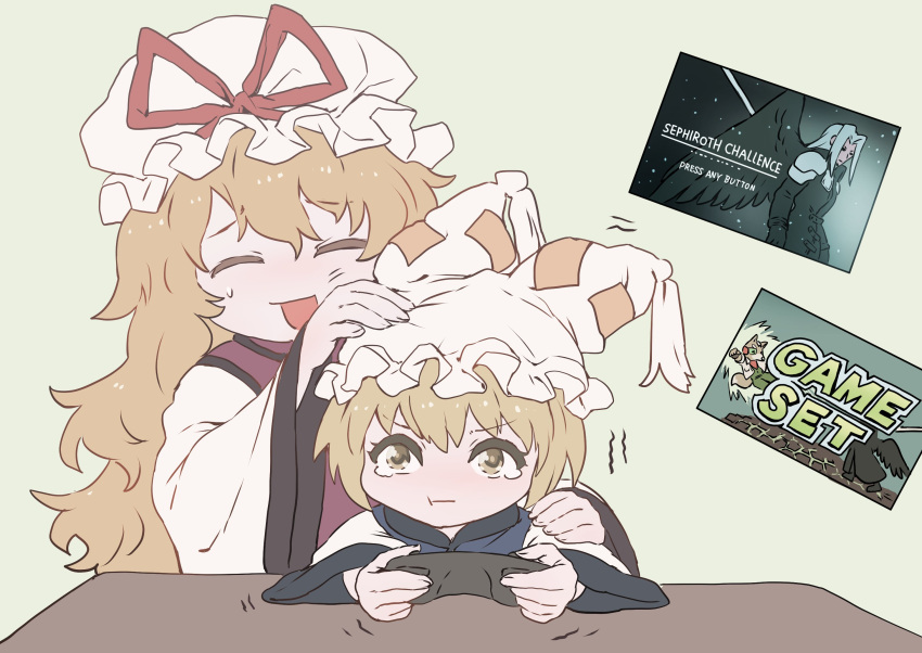:d angel_wings bangs blonde_hair blush consoling controller eyebrows_visible_through_hair feathered_wings game_controller game_over hand_on_another's_head hand_on_another's_shoulder hat highres long_hair long_sleeves mixed-language_commentary mob_cap nintendo_switch ofuda open_mouth pout senmuts sephiroth single_wing smile super_smash_bros. sweatdrop sword tabard table tassel tearing_up tears touhou weapon white_hair wide_sleeves wings yakumo_ran yakumo_yukari yellow_eyes younger