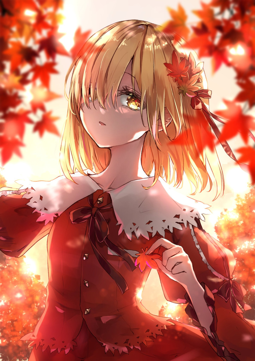 1girl aki_shizuha autumn_leaves backlighting bangs blonde_hair bow branch breasts buttons collarbone collared_shirt commentary_request hair_ornament hair_over_one_eye highres holding holding_leaf juliet_sleeves leaf leaf_hair_ornament long_sleeves looking_at_viewer medium_hair puffy_sleeves red_bow red_ribbon red_shirt ribbon shironeko_yuuki shirt small_breasts solo touhou upper_body wide_sleeves yellow_eyes