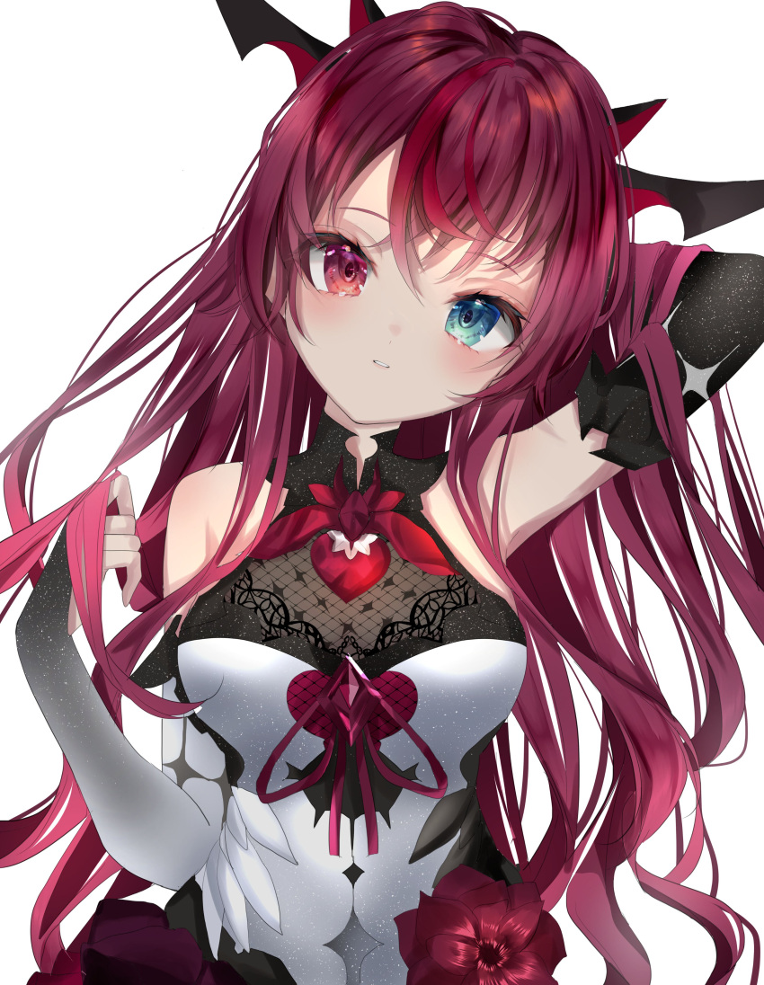 1girl :d absurdres blue_eyes blush breasts elbow_gloves fingerless_gloves flower gloves heterochromia highres hololive hololive_english irys_(hololive) lace long_hair looking_at_viewer medium_breasts moemoepiano open_mouth red_eyes redhead rose simple_background sleeveless smile solo virtual_youtuber white_background