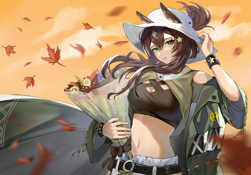 1girl animal_ears arknights arm_up autumn autumn_leaves bare_shoulders belt bouquet bracelet breasts brown_hair closed_mouth clouds coat cowboy_shot crop_top flower green_coat green_eyes grey_hair hair_ornament hand_on_headwear highres holding holding_bouquet horse_ears jewelry large_breasts leaf long_hair long_sleeves looking_at_viewer maple_leaf meteor_(arknights) meteor_(bard's_holiday)_(arknights) motion_blur multicolored_hair navel official_alternate_costume open_clothes open_coat outdoors ponytail rose short_ponytail smile solo star_(symbol) star_hair_ornament stomach two-tone_hair ufoliving white_flower white_headwear white_rose wind yellow_sky