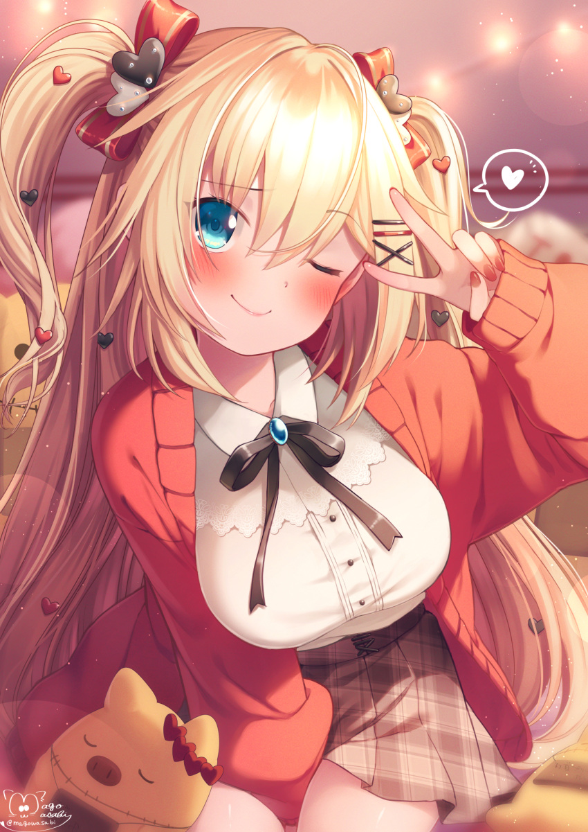1girl ;) akai_haato aqua_eyes bangs between_legs black_bow blonde_hair blush bow bowtie breasts brown_skirt cardigan closed_mouth collared_shirt commentary_request eyebrows_visible_through_hair haaton_(akai_haato) hair_between_eyes hair_bow hair_ornament hand_between_legs heart heart_hair highres hololive large_breasts light_particles long_hair long_sleeves looking_at_viewer magowasabi nail_polish one_eye_closed open_cardigan open_clothes plaid plaid_skirt pleated_skirt red_bow red_cardigan red_nails shirt signature skirt smile speech_bubble spoken_heart twitter_username two_side_up very_long_hair virtual_youtuber white_shirt x_hair_ornament