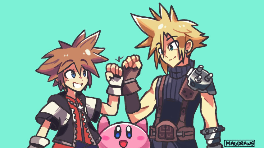 2boys armor blonde_hair blue_eyes brown_hair buster_sword cloud_strife final_fantasy final_fantasy_vii fingerless_gloves gloves highres jewelry keyblade kingdom_hearts kingdom_hearts_i kirby kirby_(series) mag_(magdraws) male_focus multiple_boys necklace open_mouth short_hair simple_background sora_(kingdom_hearts) spiky_hair super_smash_bros.