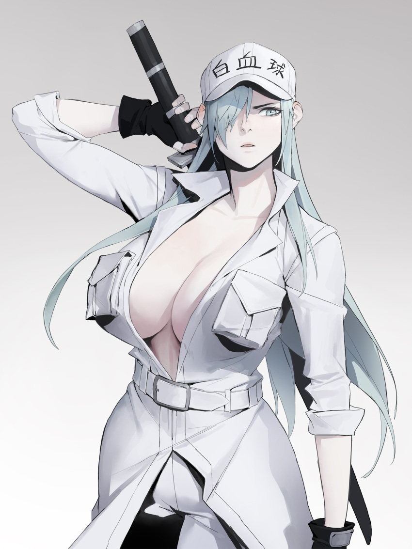 1girl bangs black_gloves breasts dongho_kang fingerless_gloves gloves grey_background grey_hair hair_over_one_eye hat hataraku_saibou highres holding holding_sword holding_weapon long_hair looking_at_viewer no_bra pants silver_hair simple_background solo sword weapon