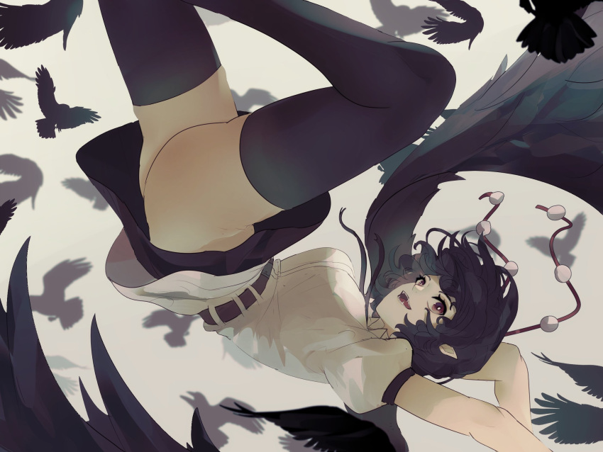 1girl ass belt bird bird_wings black_belt black_legwear black_neckwear black_ribbon black_skirt breasts collared_shirt crow english_commentary fangs feathered_wings feathers hat highres large_breasts looking_at_viewer miniskirt naufaldreamer open_mouth pointy_ears pom_pom_(clothes) puffy_short_sleeves puffy_sleeves red_eyes ribbon shameimaru_aya shirt short_hair short_sleeves skirt solo thigh-highs tokin_hat touhou white_shirt wing_collar wings