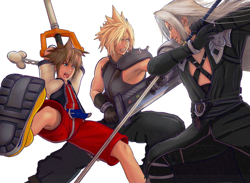 blonde_hair blue_eyes brown_hair buster_sword cloud_strife final_fantasy final_fantasy_vii fingerless_gloves gloves jewelry keyblade kingdom_hearts kingdom_hearts_i male_focus masamune_(ffvii) multiple_boys necklace open_mouth sephiroth short_hair silver_hair sora_(kingdom_hearts) spiky_hair stormyorha super_smash_bros.