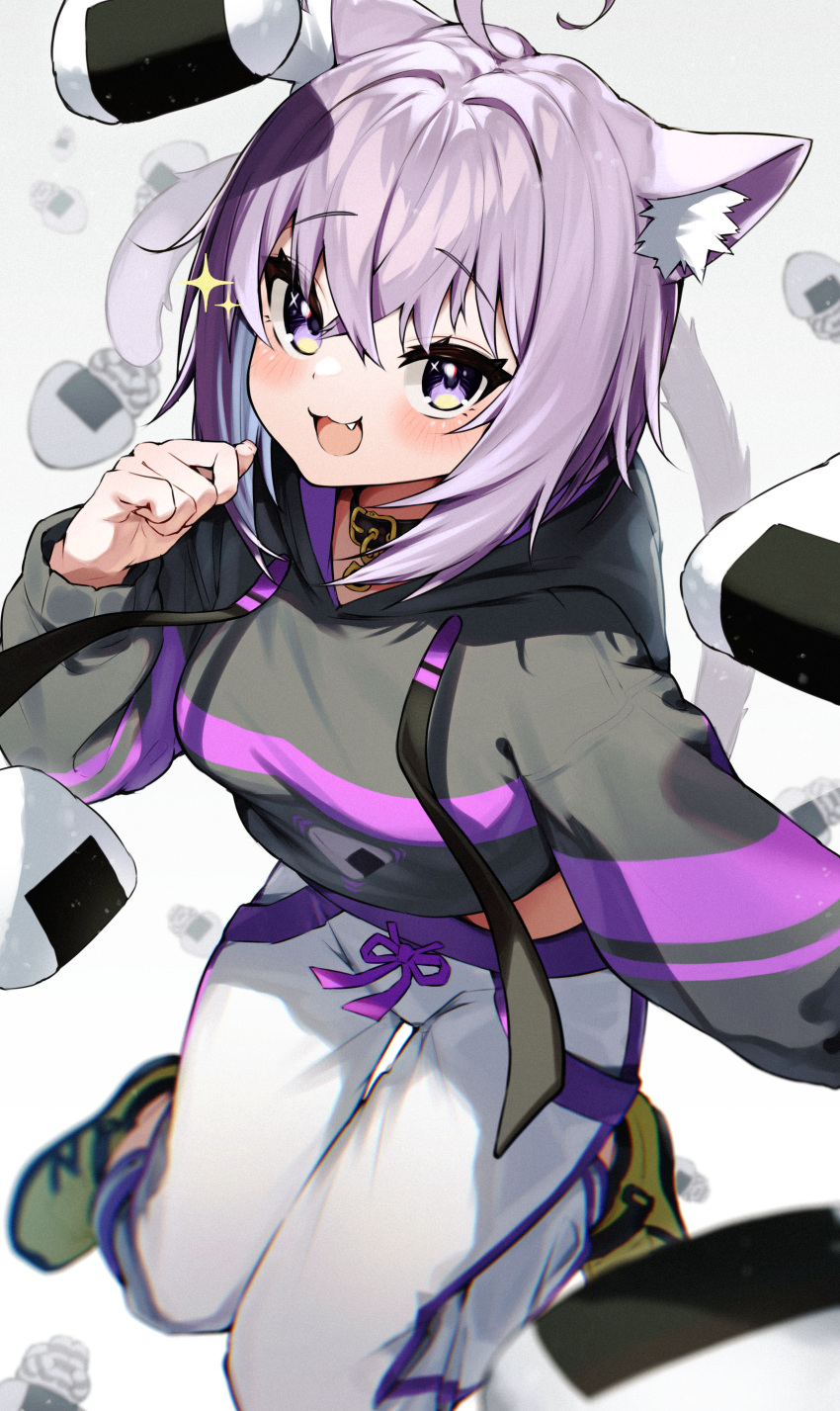 1girl absurdres ahoge animal_ears cat_ears cat_tail fang food highres hololive hood hoodie narita_tamezou nekomata_okayu onigiri pants purple_hair tail violet_eyes virtual_youtuber yellow_footwear