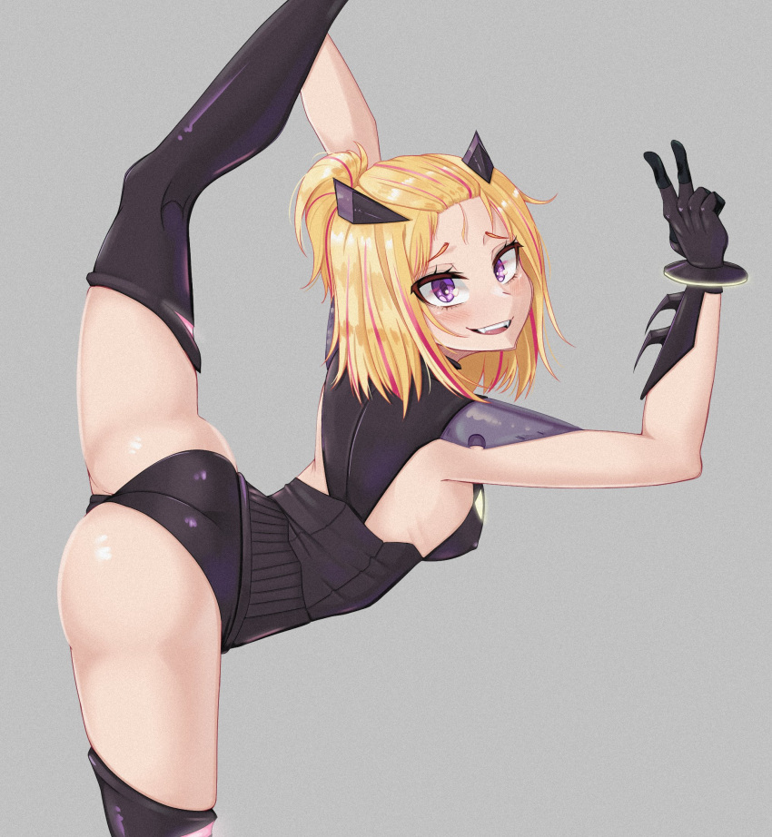 1girl ass black_gloves blonde_hair eyebrows_visible_through_hair flip_flappers gloves grey_background highres leg_up looking_at_viewer multicolored_hair parted_lips pink_hair short_hair short_ponytail simple_background smile solo split standing standing_on_one_leg standing_split streaked_hair teeth upper_teeth v violet_eyes yayaka young_savage